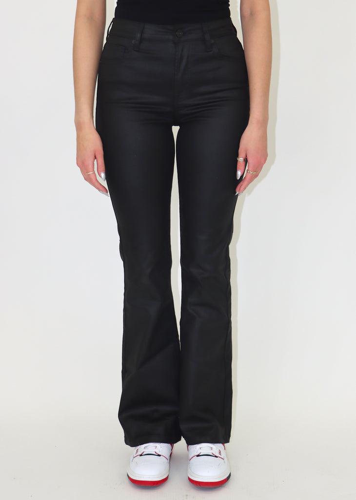 Black Waxed Material Flare Leg Stretchy Fabric Jeans