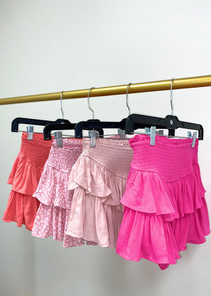 sunshine daydream skirt tiered ruffle smocked waistband skirt coral, pink floral, dusty rose, hot pink