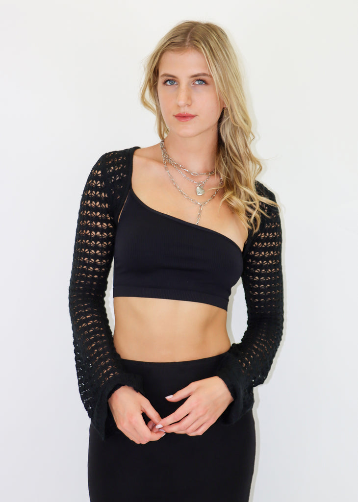 Black extreme cropped fit cardigan shrug. Crochet knit. Bell sleeves.