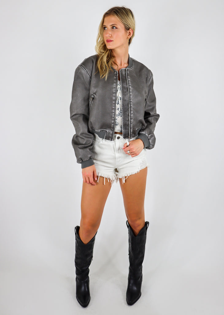 Gray cropped bomber jacket. Burnout leather color (faux leather).