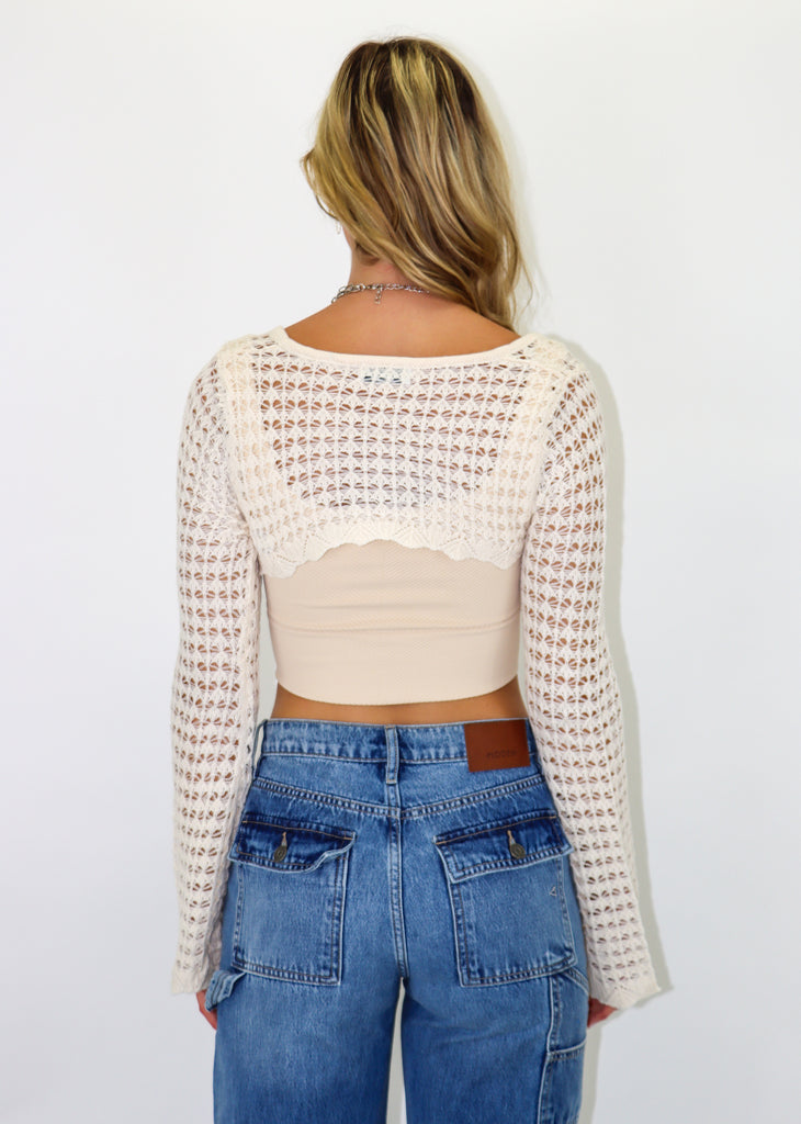 White extreme cropped fit cardigan shrug. Crochet knit. Bell sleeves.