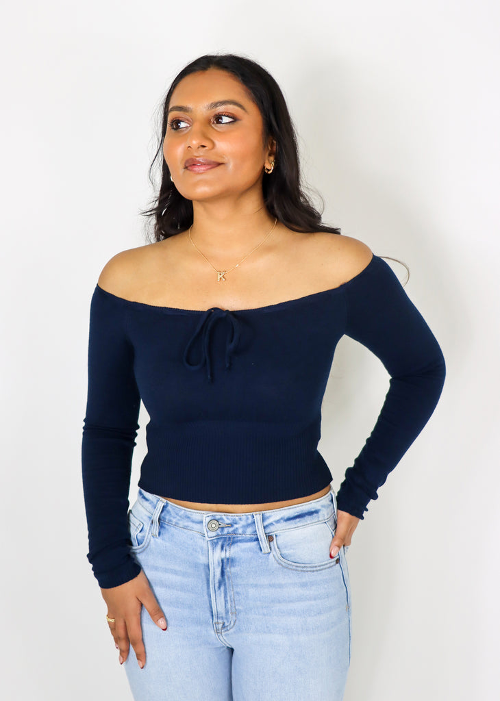 Navy off the shoulder cropped long sleeve top with tie front