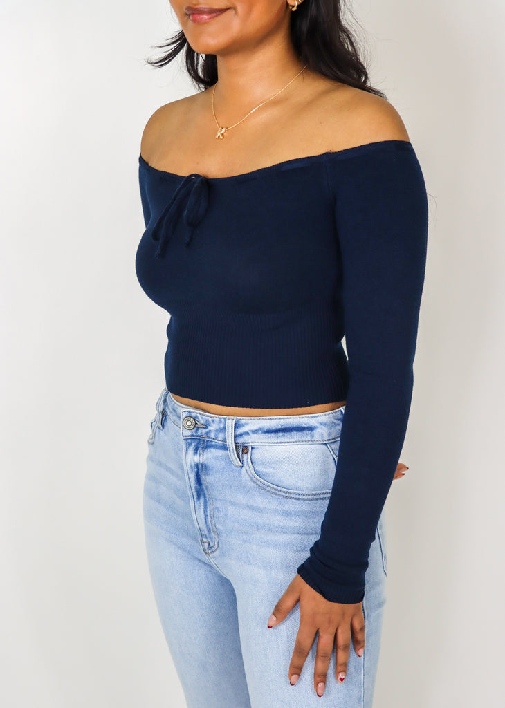 Navy off the shoulder cropped long sleeve top with tie front