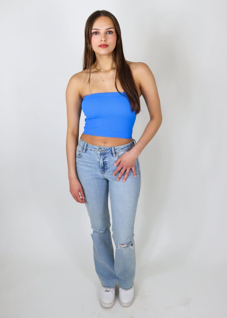 Cobalt blue ribbed cropped tube top 