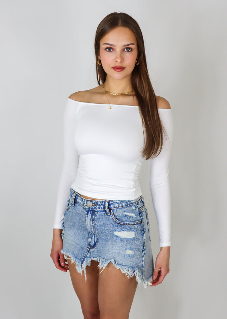 White off the shoulder cropped long sleeve top