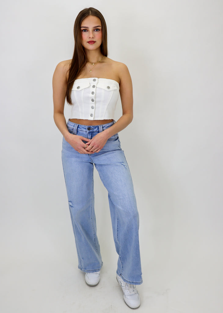 strapless denim front buttons cropped tube top white - Rock N Rags