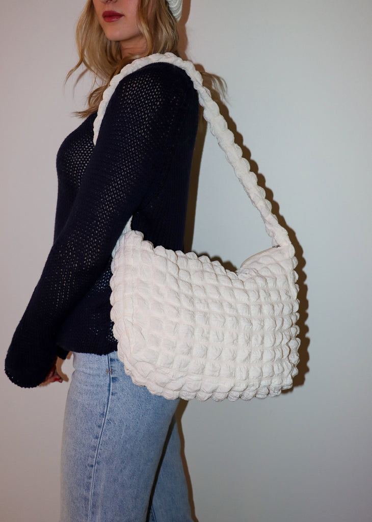 This trendy white bubble ruched quilted fabric tote bag is going to become newest your obsession! An everyday purse, work tote, or gym bag.