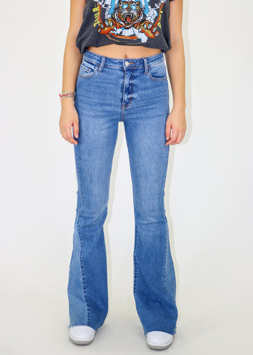 high waisted flare jeans with color blocking denim