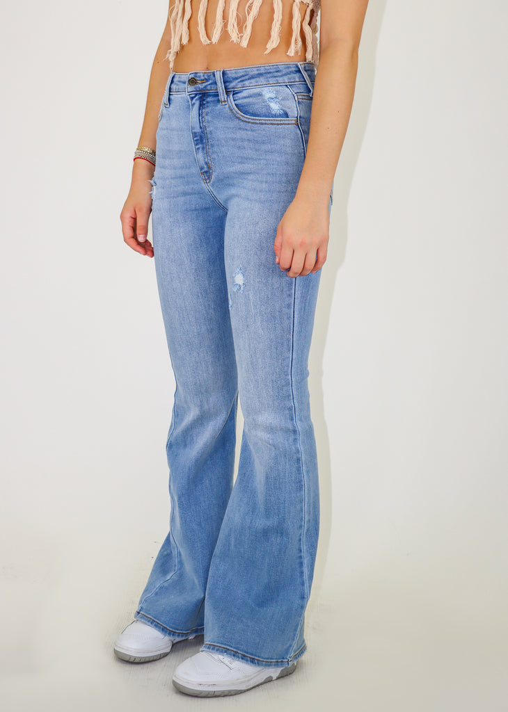 flare fit high waisted light wash with slight distressing jeans