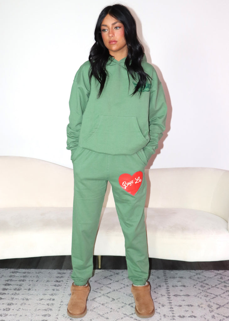 boys lie green charmer high waisted oversized sweatpants with red heart