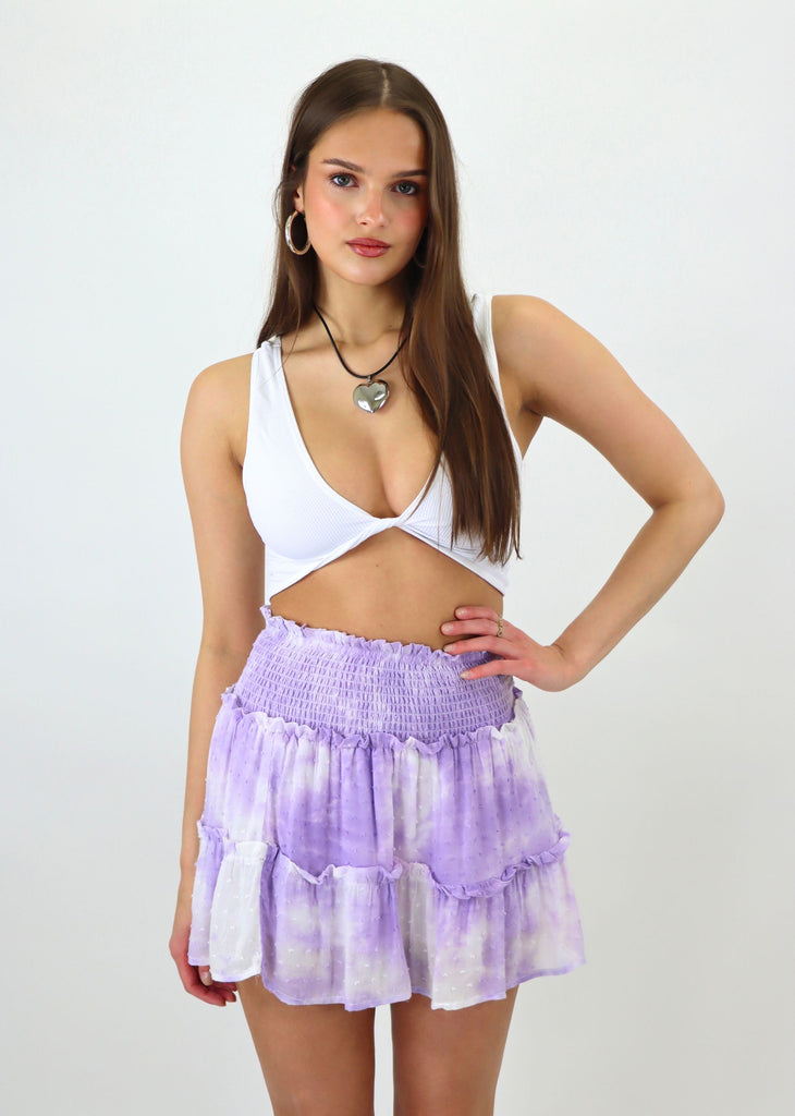 white lavender purple smocked tiered ruffle mini skirt swiss dot bohemian vintage havana tie dye