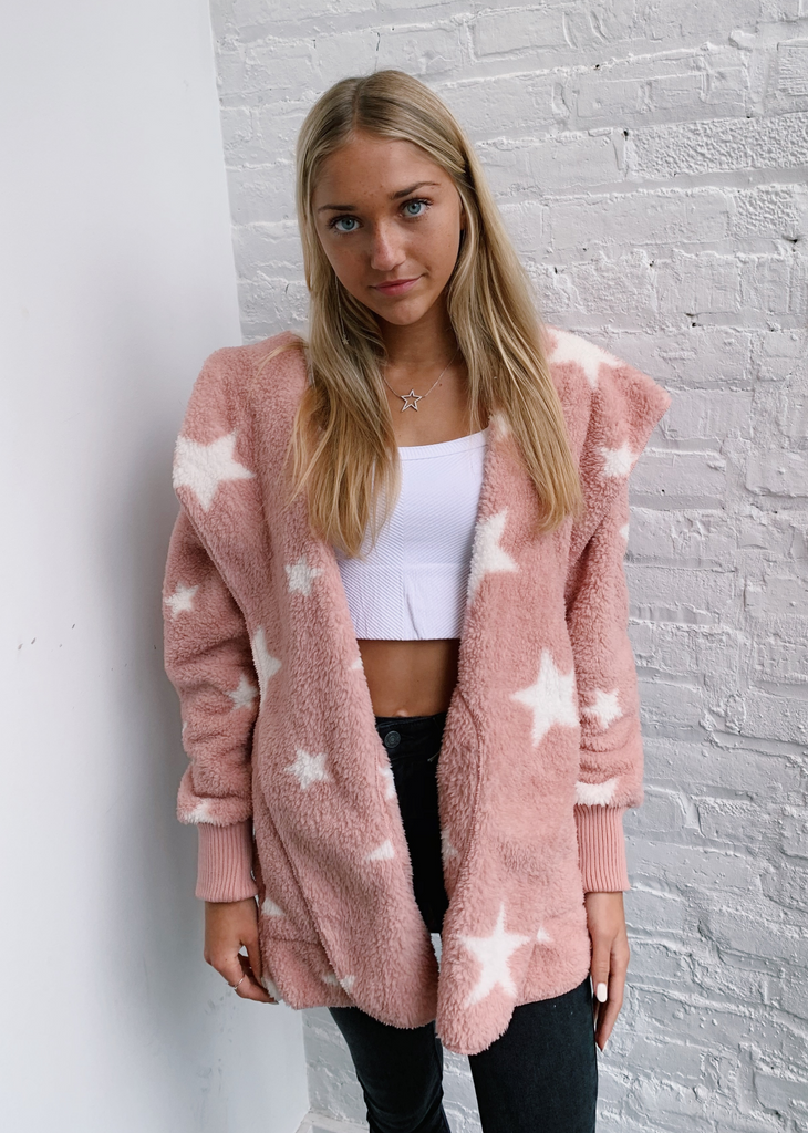 Peach Light Pink Fuzzy Oversized Cardigan Jacket With White Stars - Rock N Rags