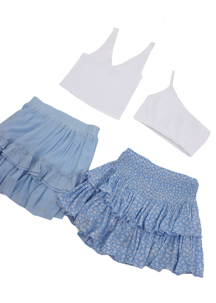 white take the plunge, shoot your shot, adore you skirt, baby blue floral sunshine daydream skirt