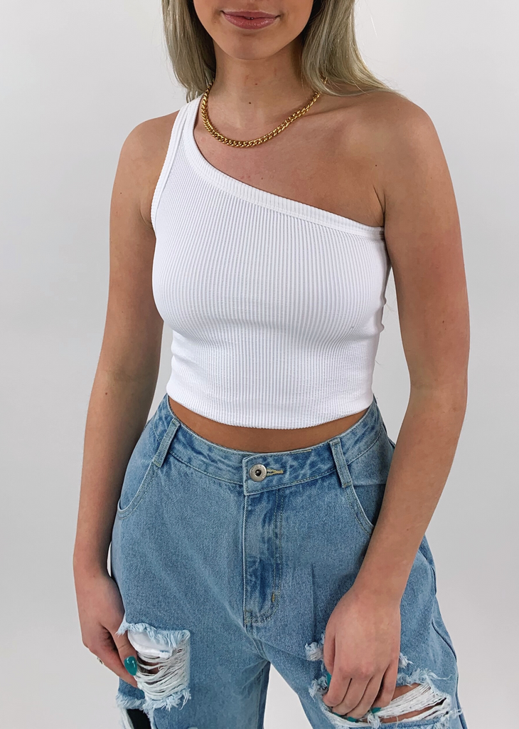 women's white stretchy ribbed one shoulder tank top.