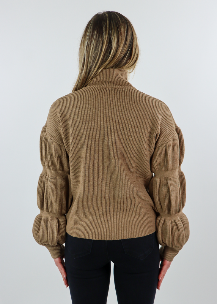 Brown Ribbed Knit Puff Sleeve Turtleneck Sweater Won't Stop Sweater - Rock N Rags