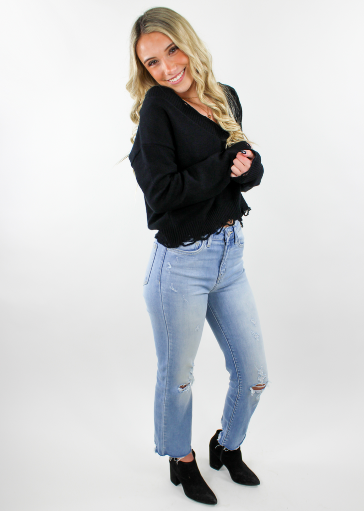 black, distressed, v-neck, long sleeve, sweater, comfy, cropped, everyday, light weight, top-Rock N Rags