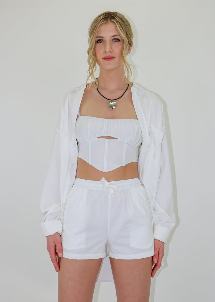 white long sleeve button up and shorts set oversized fit adjustable drawstring shorts spring summer transitional piece beach pool coverup neutral basics women's clothing