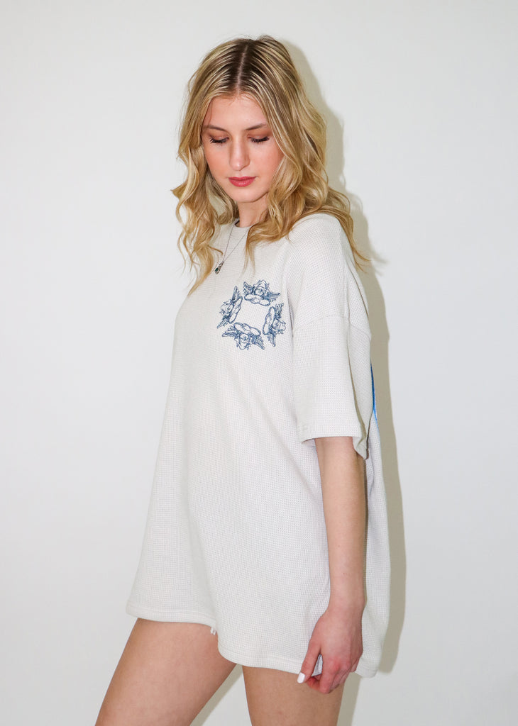 Cream Thermal Tee Shirt Oversized Faded hearts water dead flowers on the back with blue box and rose