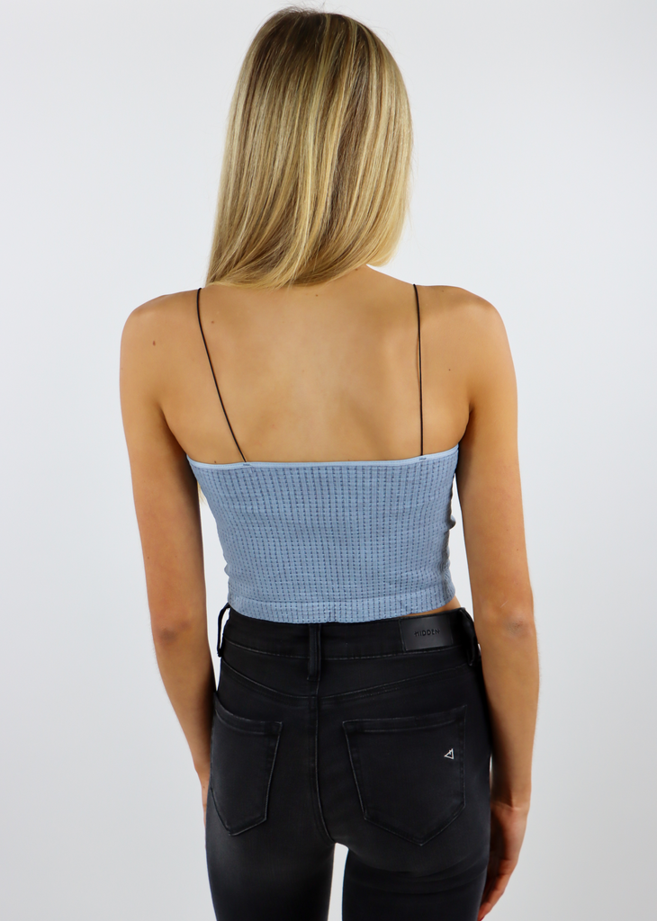 vintage blue waffle cami strap v scoop cut seamless stretchy crop tank top 