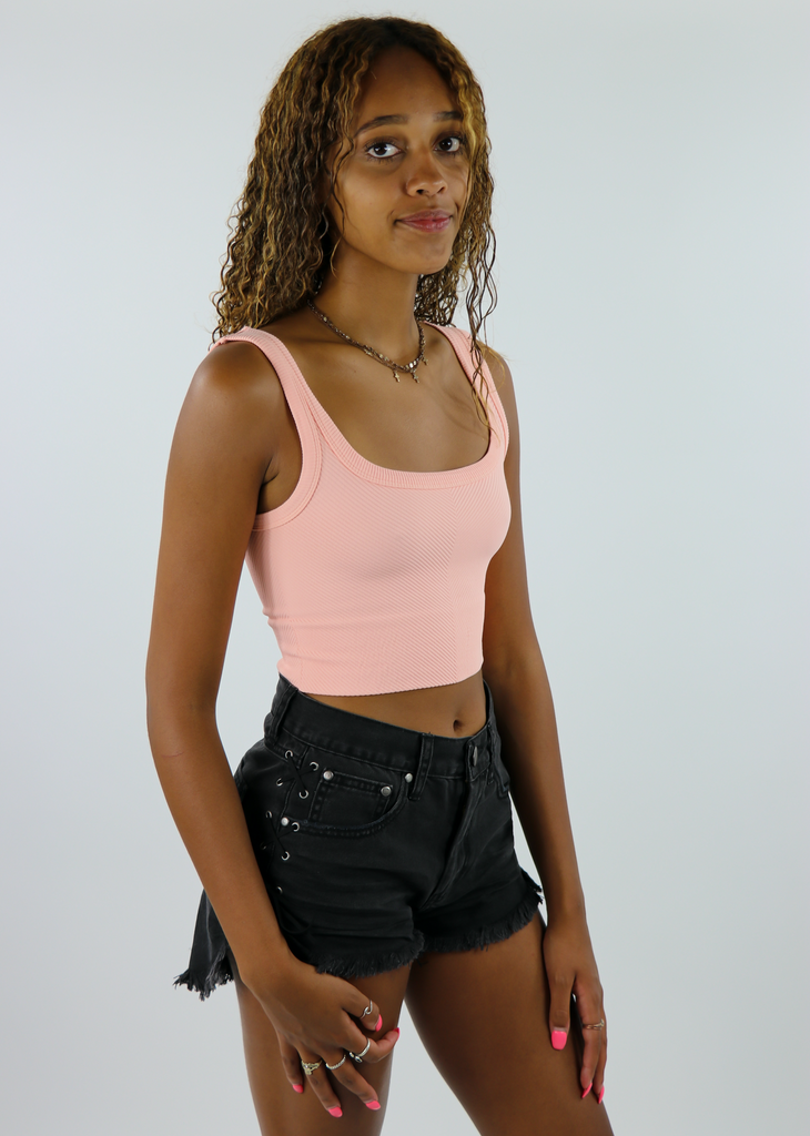 spill the tea peach seamless chevron ribbed scoop neck stretchy crop tank top - Rock N Rags