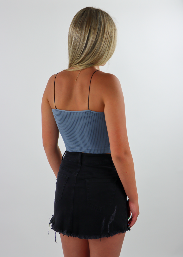 dusty blue waffle cami strap v scoop cut seamless stretchy crop tank top 