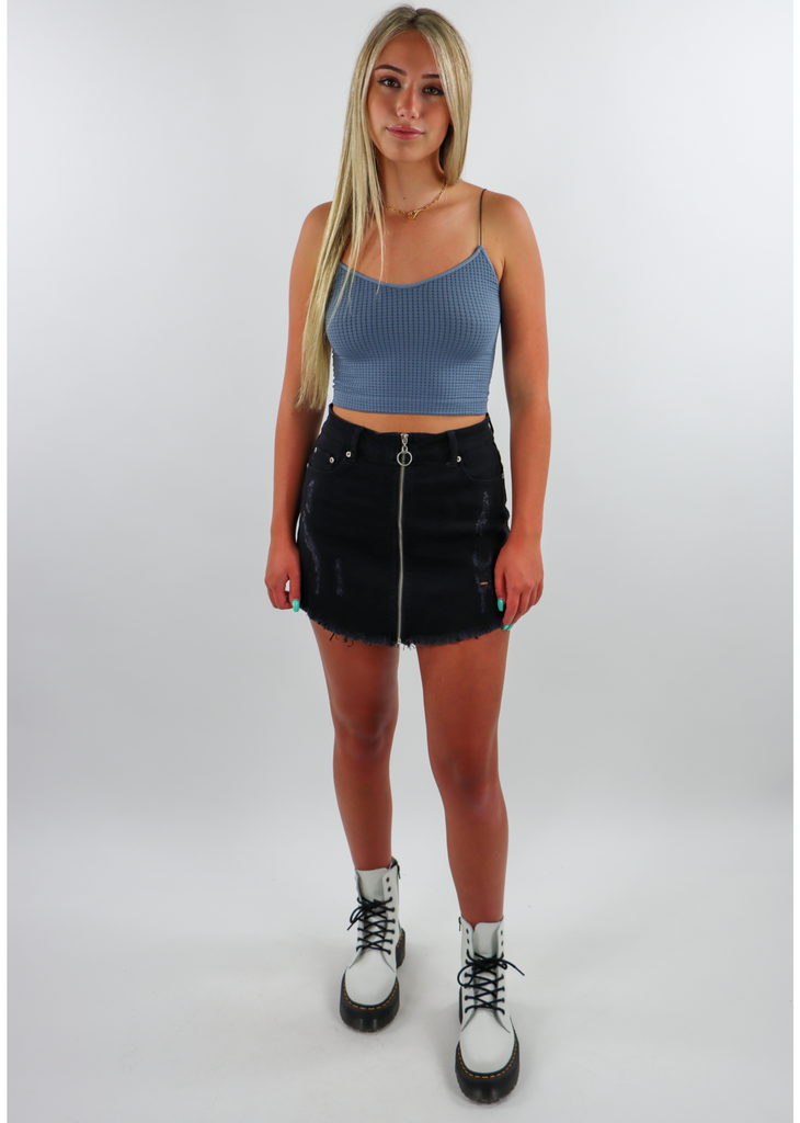 dusty blue waffle cami strap v scoop cut seamless stretchy crop tank top 