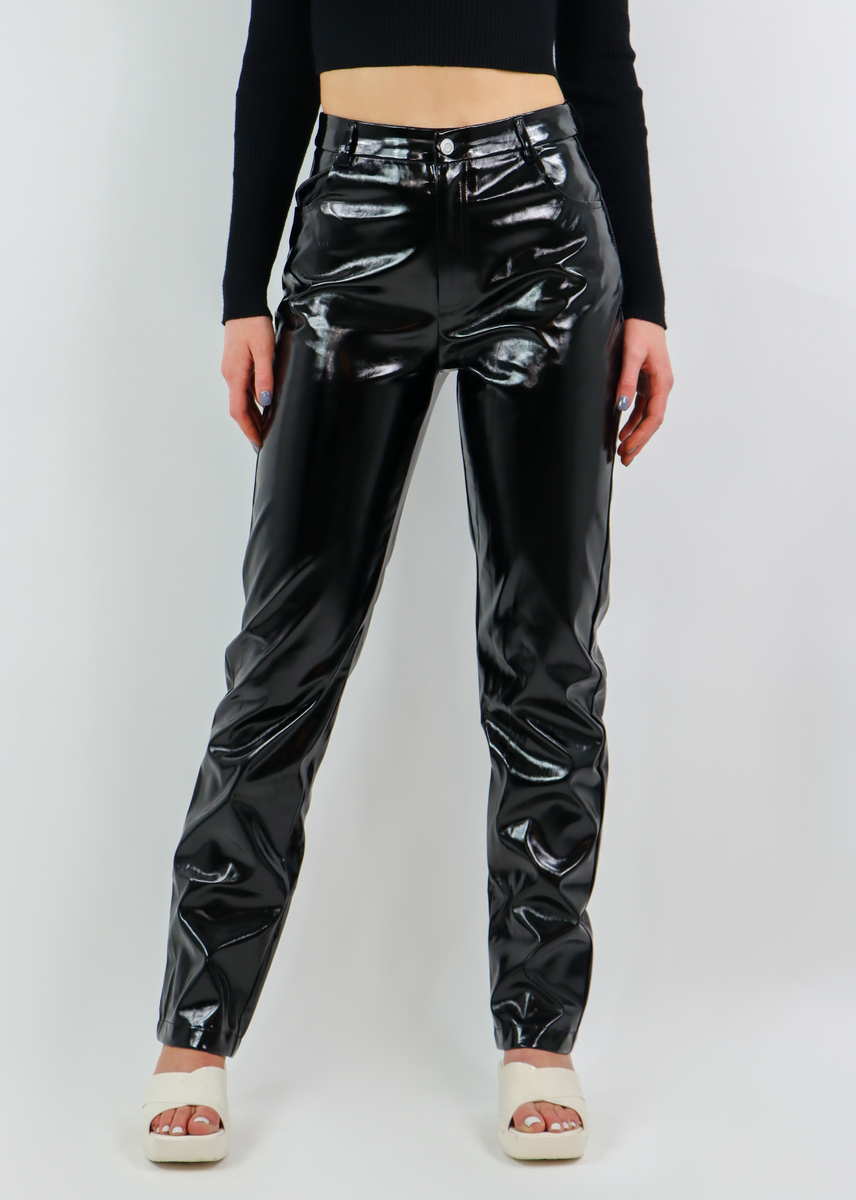 High waisted patent leather pants best sale