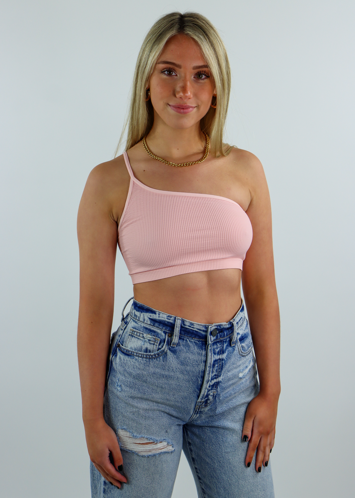 peach one shoulder spaghetti strap cropped ribbed seamless tank top
