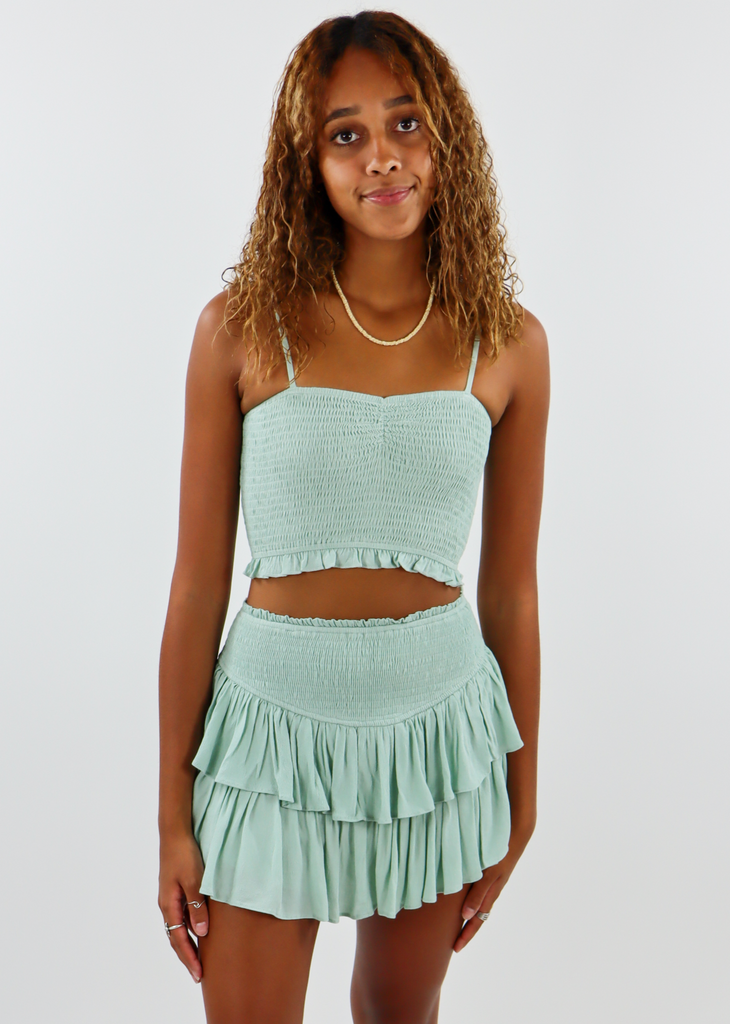 Sage Green Light Green Smocked Spaghetti Strap Tank Top with Adjustable Straps, Stretchy Comfy Cozy Material and a sweet-heart Ruching Neckline 