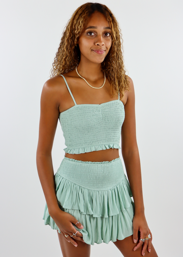 Sage Green Light Green Smocked Spaghetti Strap Tank Top with Adjustable Straps, Stretchy Comfy Cozy Material and a sweet-heart Ruching Neckline 