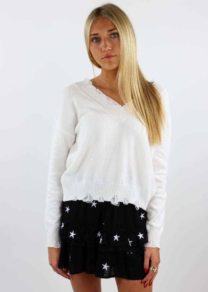 White Distressed Hem and sleeved Knit Cropped Comfy Light Everyday Sweater