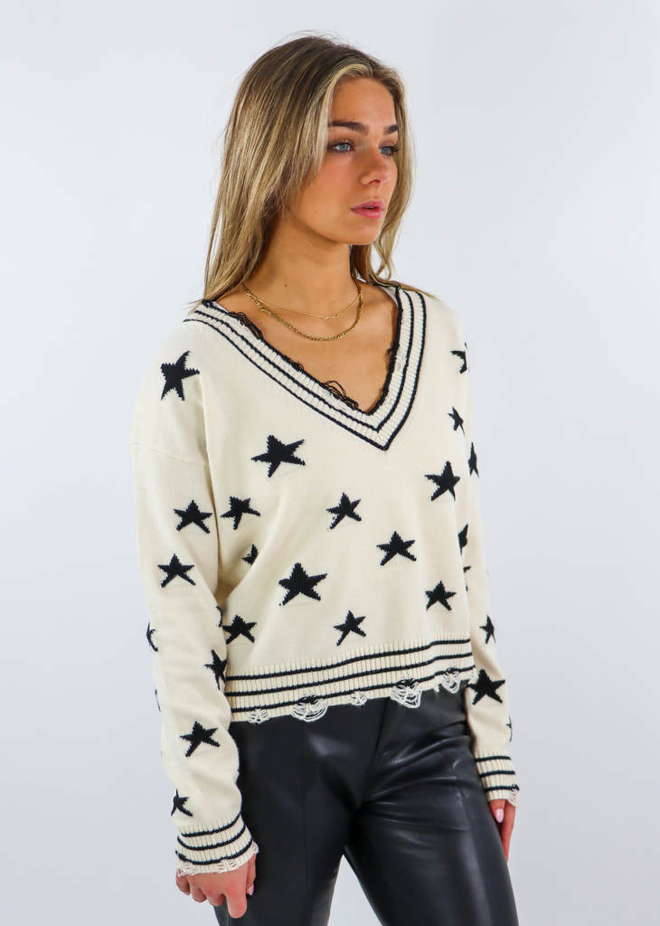 Cream Distressed Striped Black Star Print V Neck Sweater Sweet Life Sweater With Stars  - Rock N Rags