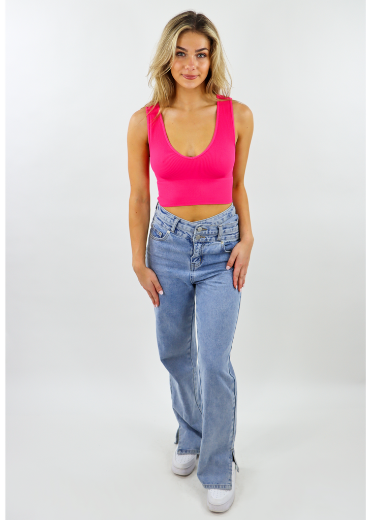 hot pink ribbed stretchy comfy cozy cropped v neck tank top 