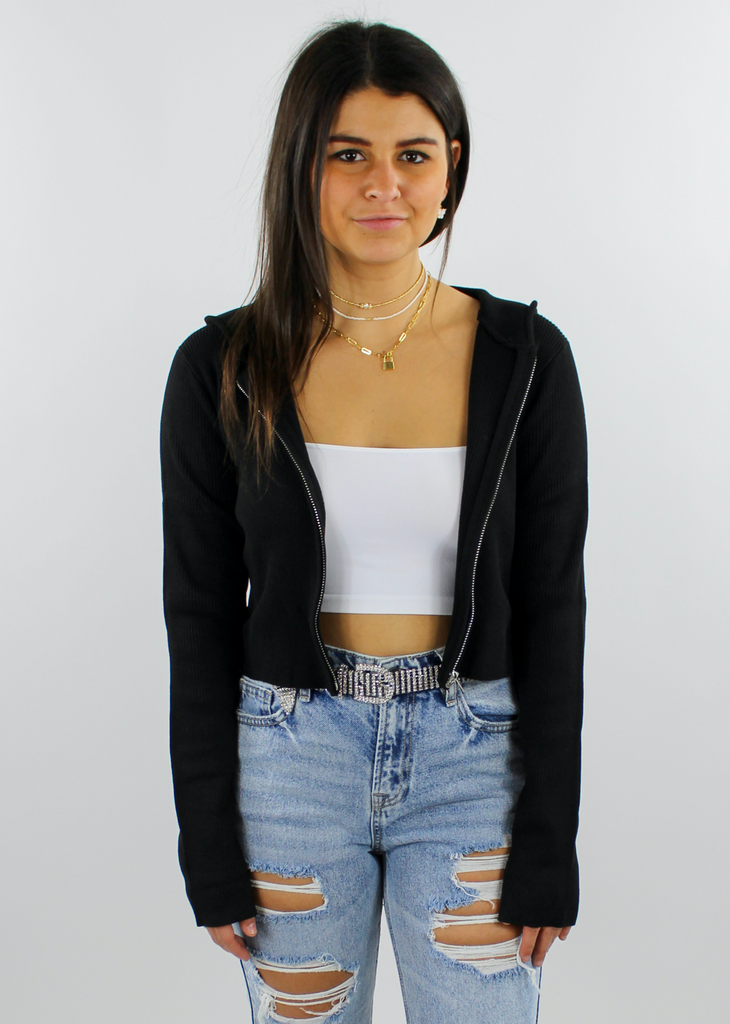 Black ribbed long sleeve cropped women's zip up cardigan sweater hoodie. Wear to class or for casual day-to-day lounge wear.