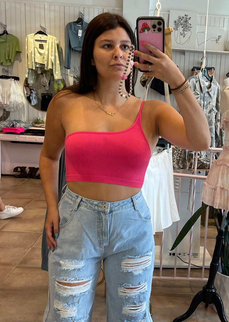hot pink one shoulder spaghetti strap cropped ribbed seamless tank top