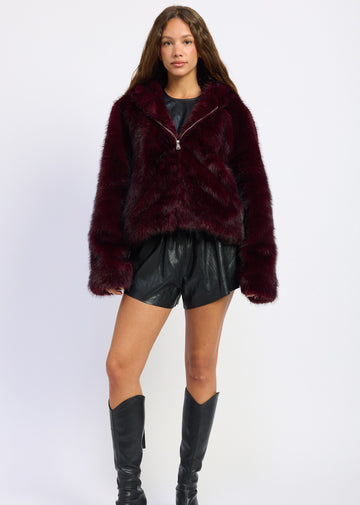 Cherry Bomb Faux Fur Jacket ★ Burgundy - Rock N Rags