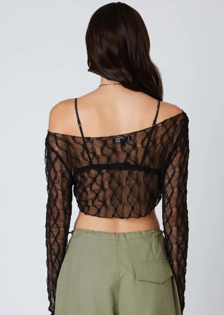 black mesh lace super cropped long sleeve boat neck top