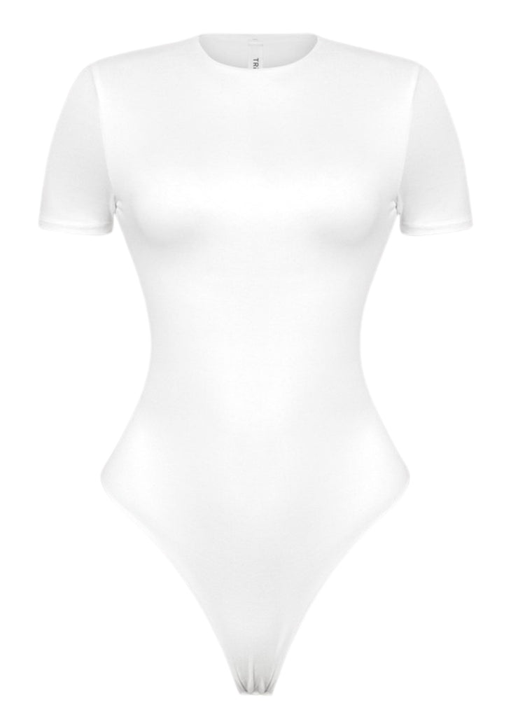 white seamless fitted short sleeve thong bodysuit - Rock N Rags