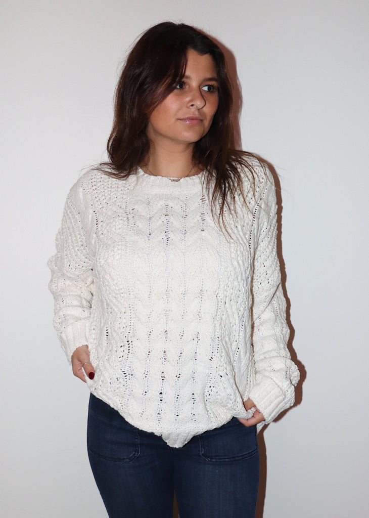 white chunky cable knit sweater