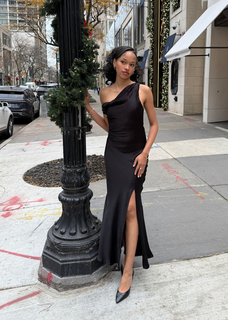 Holiday Asymmetric Cowl Neck Maxi Dress ★ Black