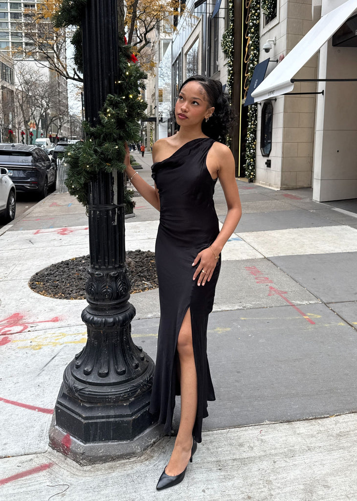 Holiday Asymmetric Cowl Neck Maxi Dress ★ Black