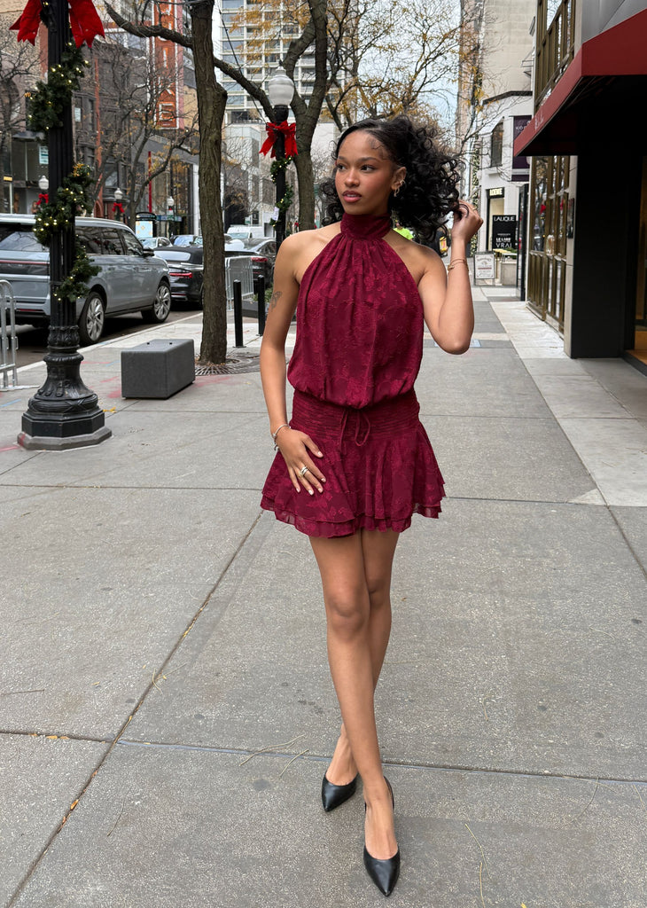 Floral Halter Backless Mini Dress ★ Burgundy
