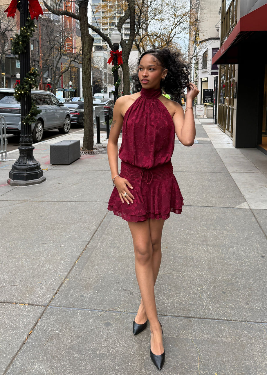 burgundy floral mini dress Floral Halter Backless Mini Dress ☆ Burgundy – Rock N Rags