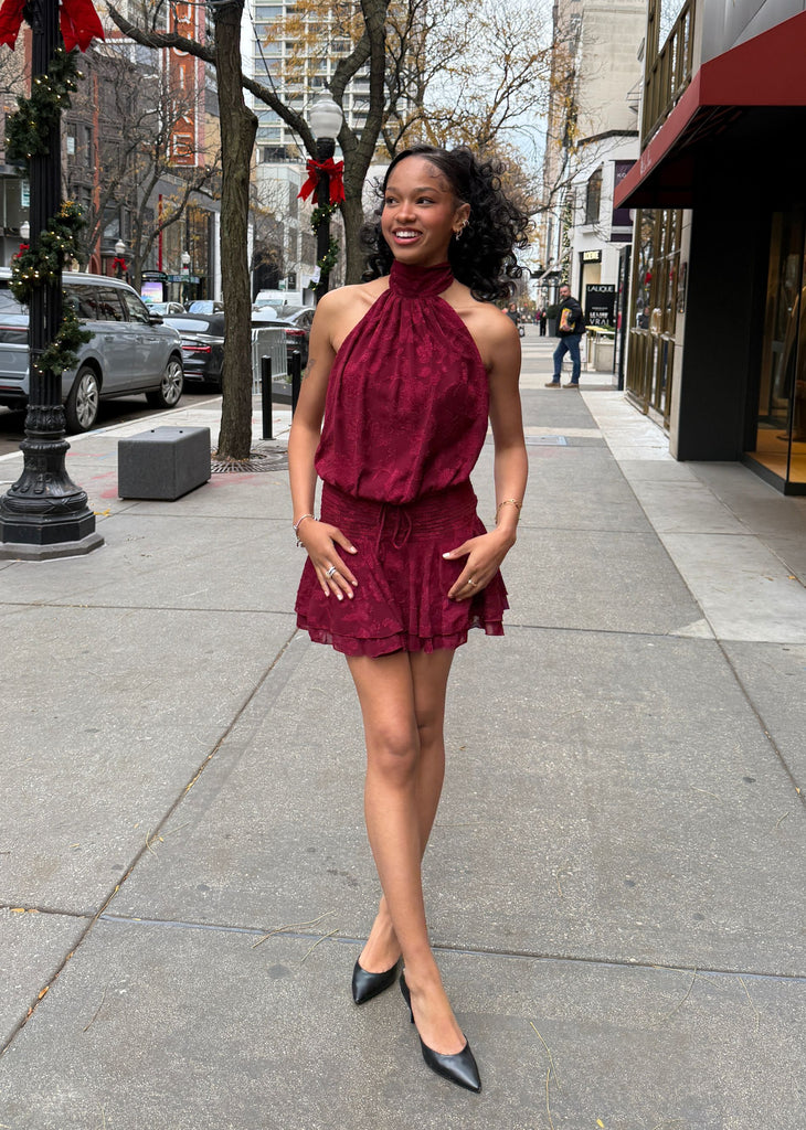 Floral Halter Backless Mini Dress ★ Burgundy
