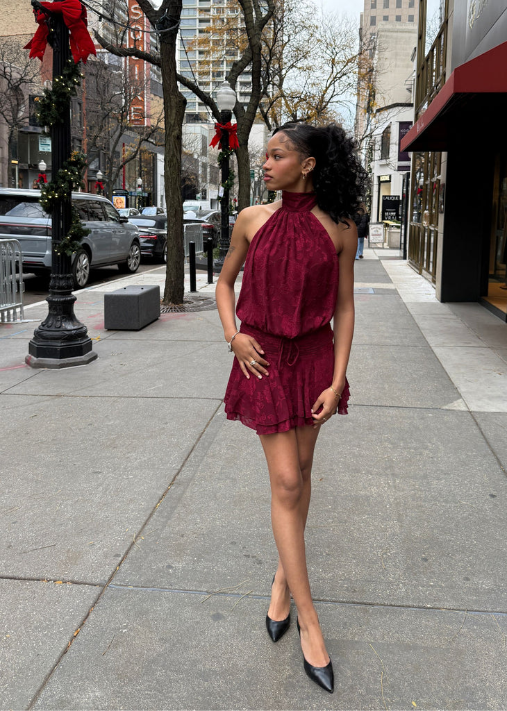 Floral Halter Backless Mini Dress ★ Burgundy