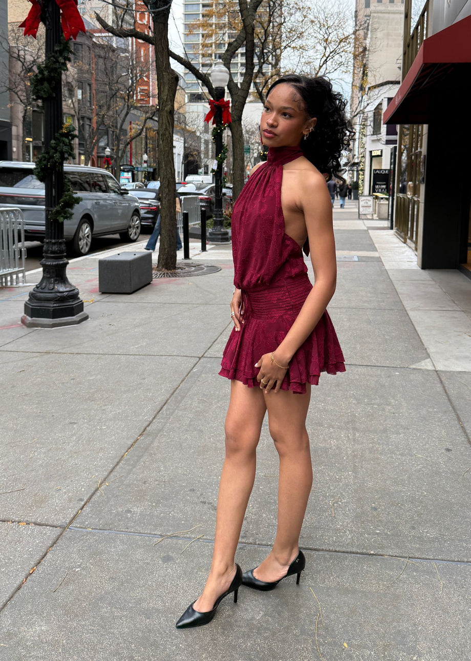 Floral Halter Backless Mini Dress  Burgundy  Rock N Rags