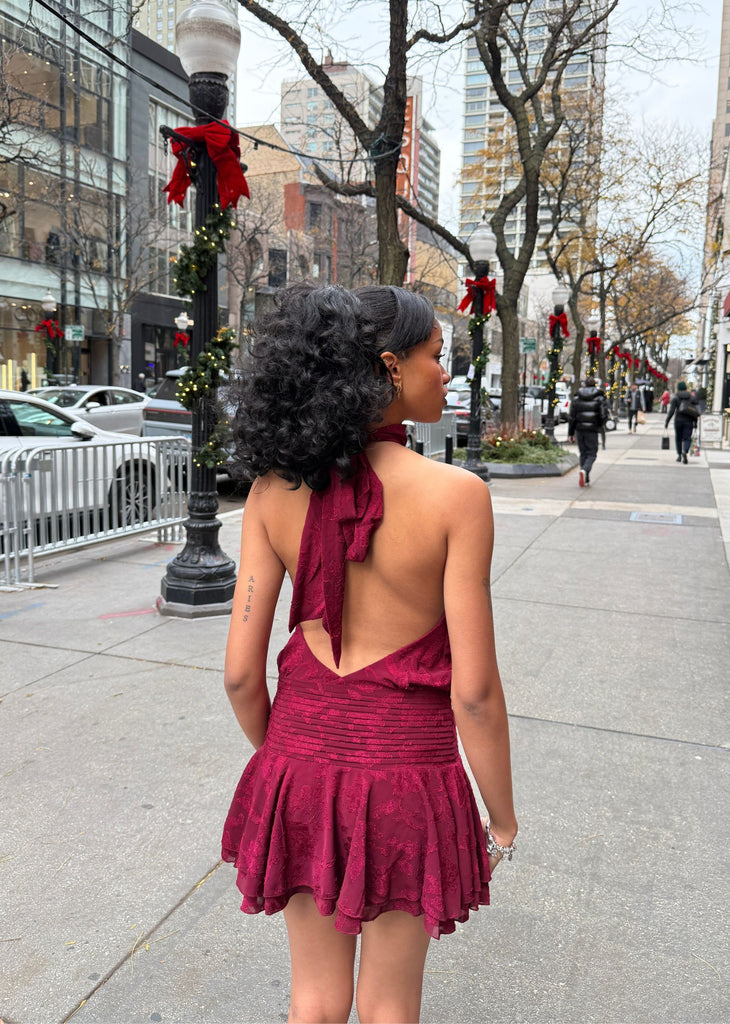 Floral Halter Backless Mini Dress ★ Burgundy