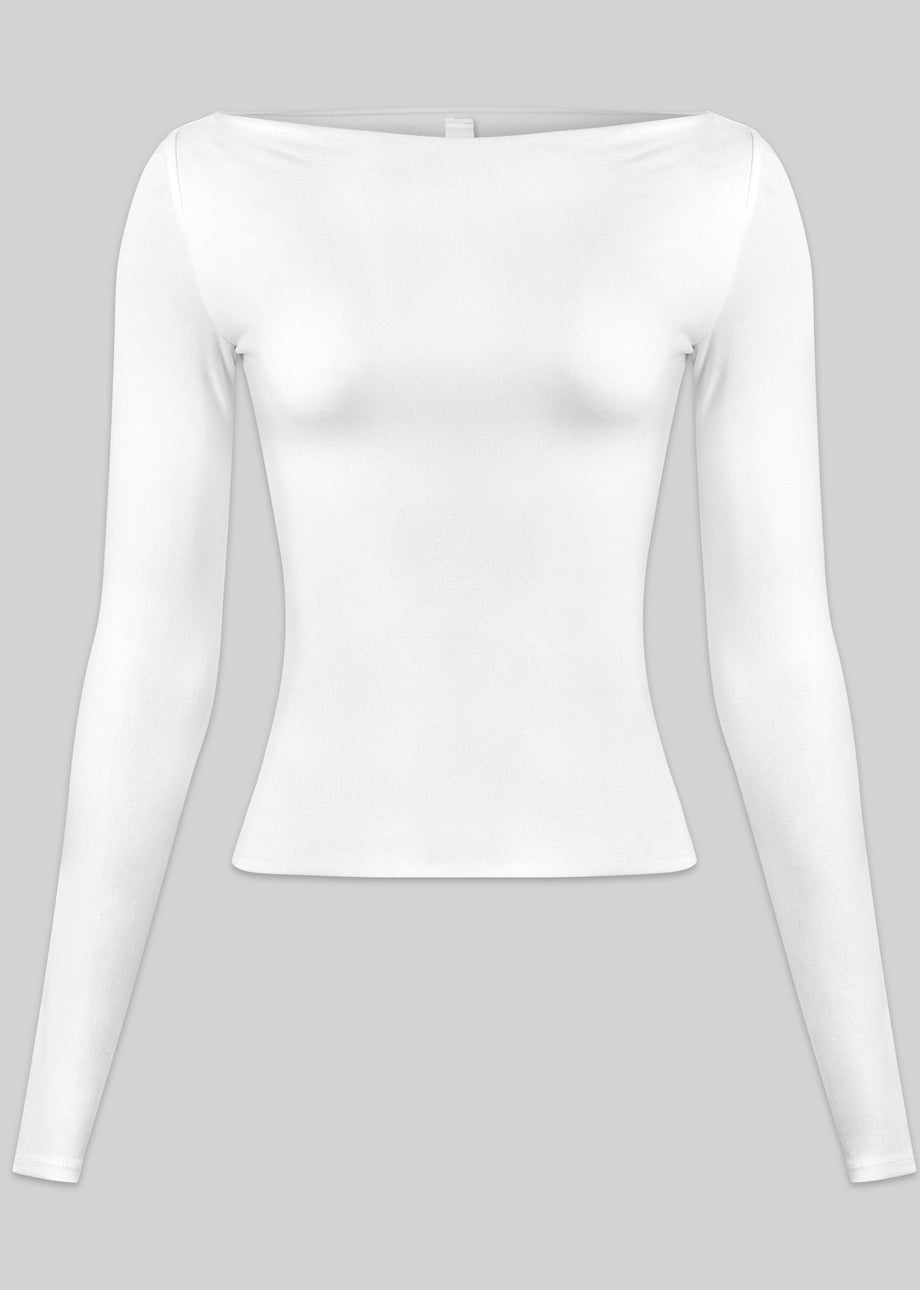 Boat Neck Long Sleeve Top White