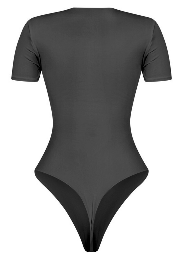black seamless fitted short sleeve thong bodysuit - Rock N Rags
