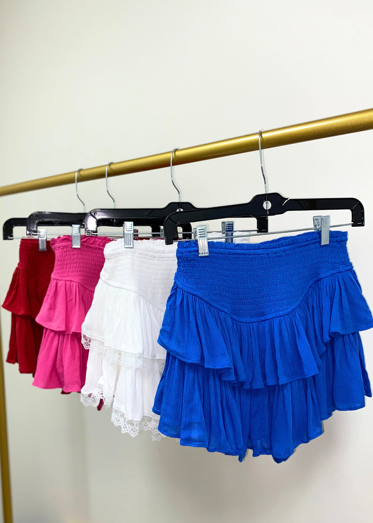 brights sunshine daydream skirt tiered ruffle smocked waistband skirt cherry red, hot pink, white lace, cobalt blue